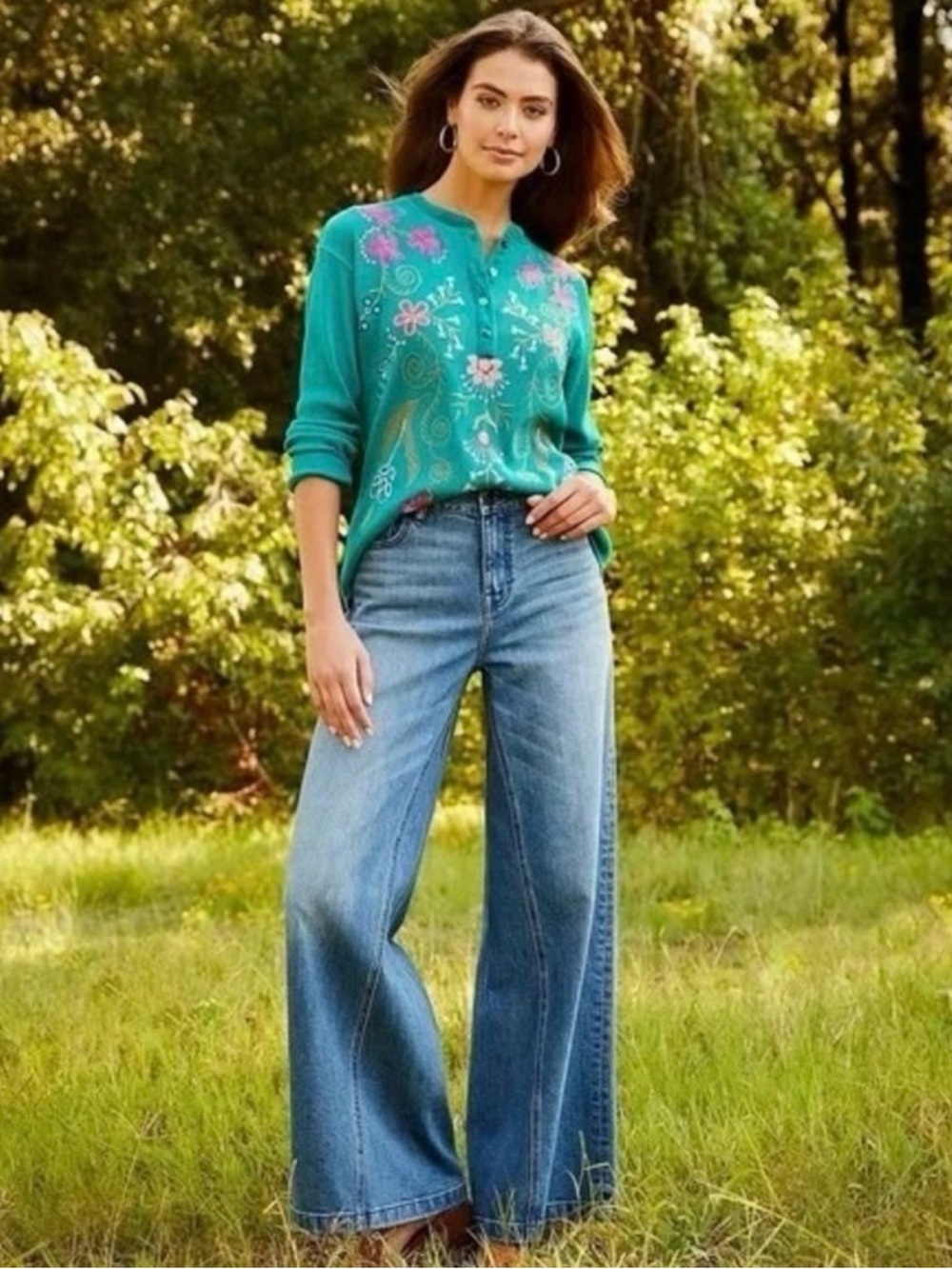 Johnny Was The Wide Leg Jean Sisa Medium Wash Embroidered Eagle Size 26 - Picture 3 of 12